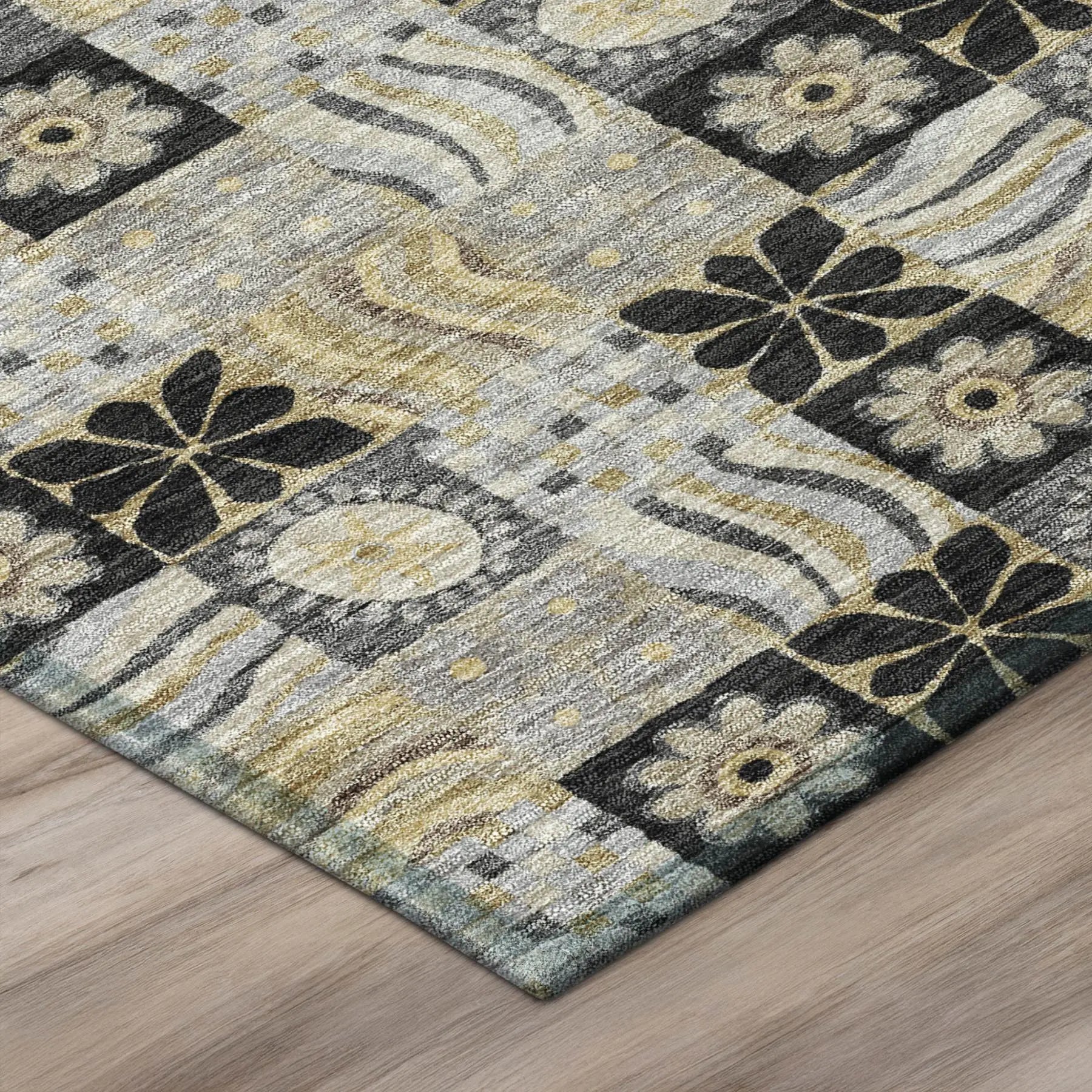 9' X 12' Black And Silver Floral Washable Indoor Outdoor Area Rug Homeroots Outdoor