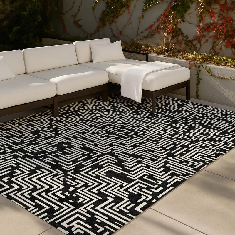 9' X 12' Black And Silver Geometric Washable Indoor Outdoor Area Rug Homeroots Outdoor