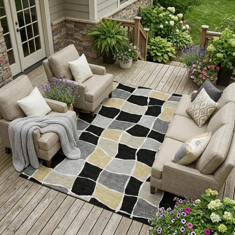 9' X 12' Black And Silver Geometric Washable Indoor Outdoor Area Rug Homeroots Outdoor