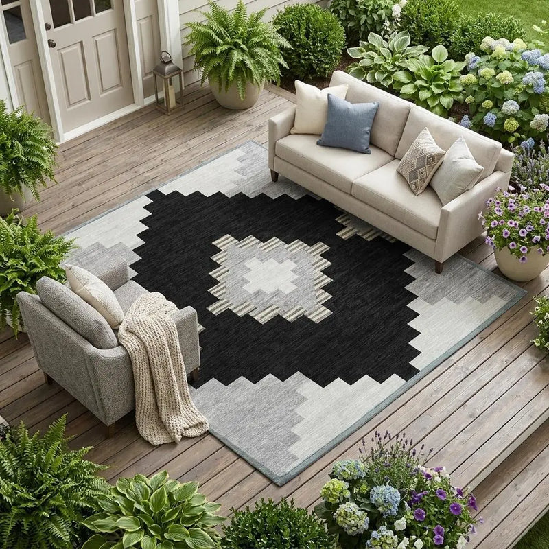 9' X 12' Black And Silver Geometric Washable Indoor Outdoor Area Rug Homeroots Outdoor