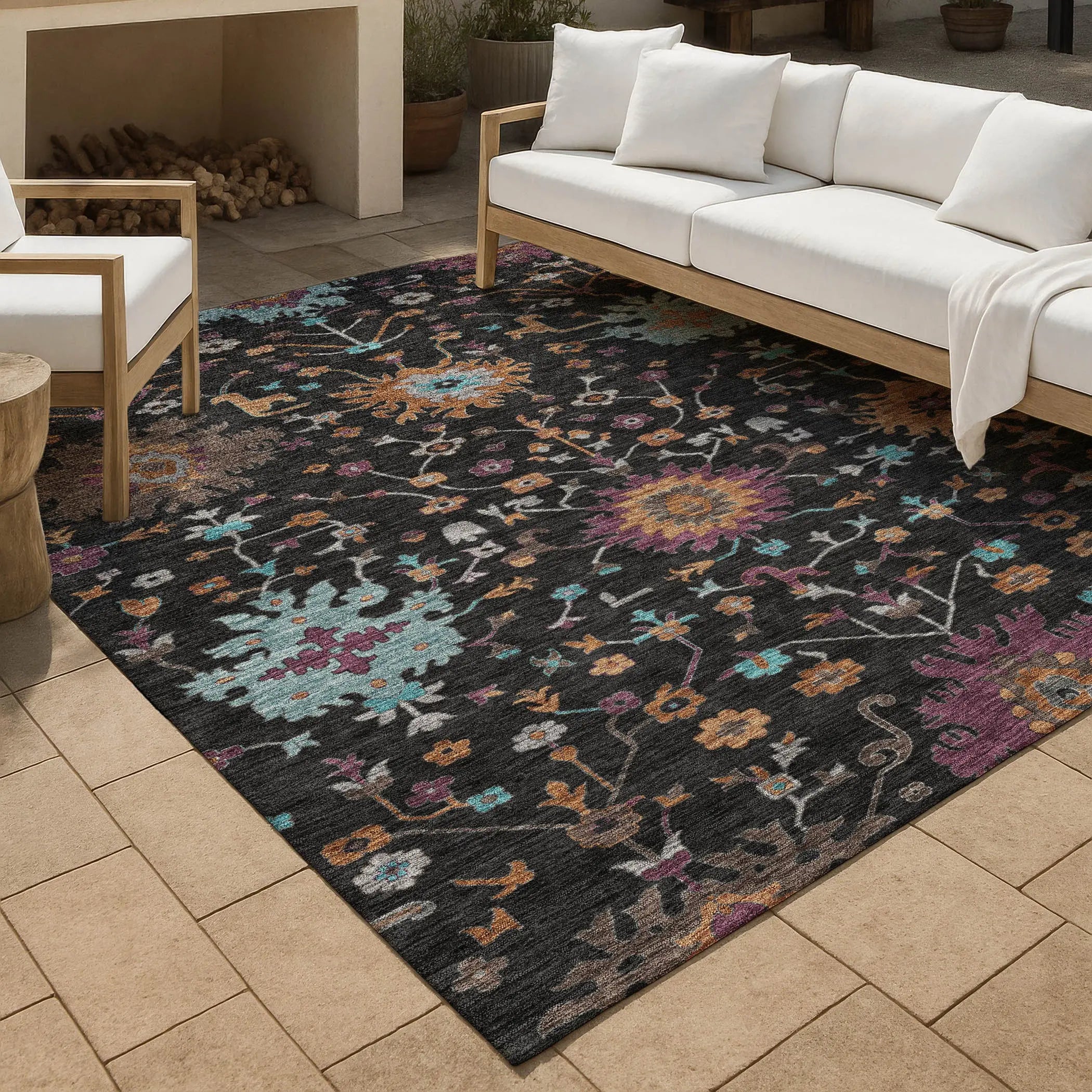 9' X 12' Black And Teal Blue Faux Bois Washable Indoor Outdoor Area Rug Homeroots Outdoor