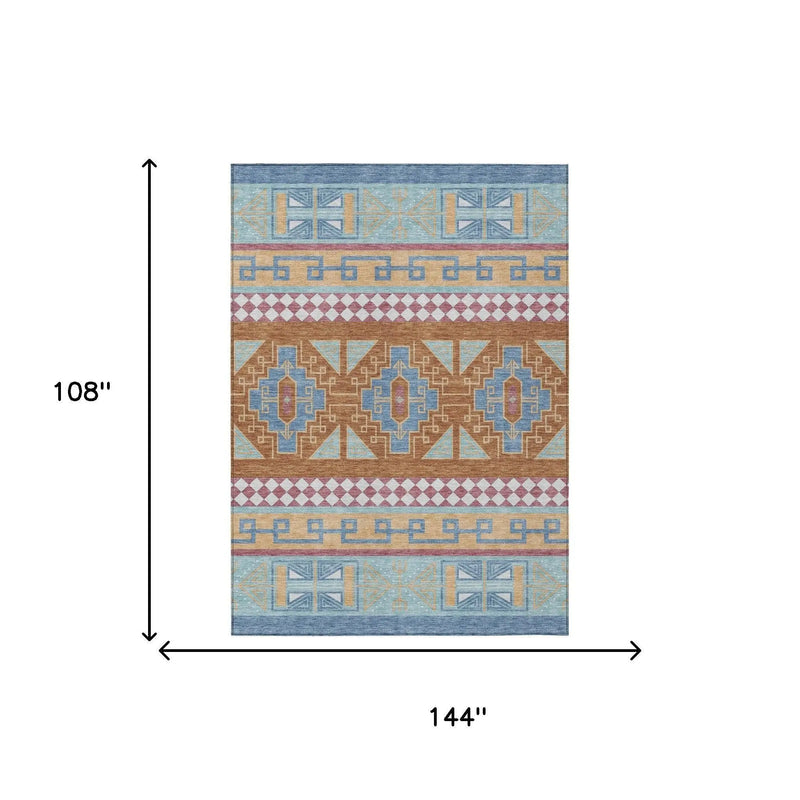 9' X 12' Blue And Aqua Tribal Washable Indoor Outdoor Area Rug Homeroots Outdoor
