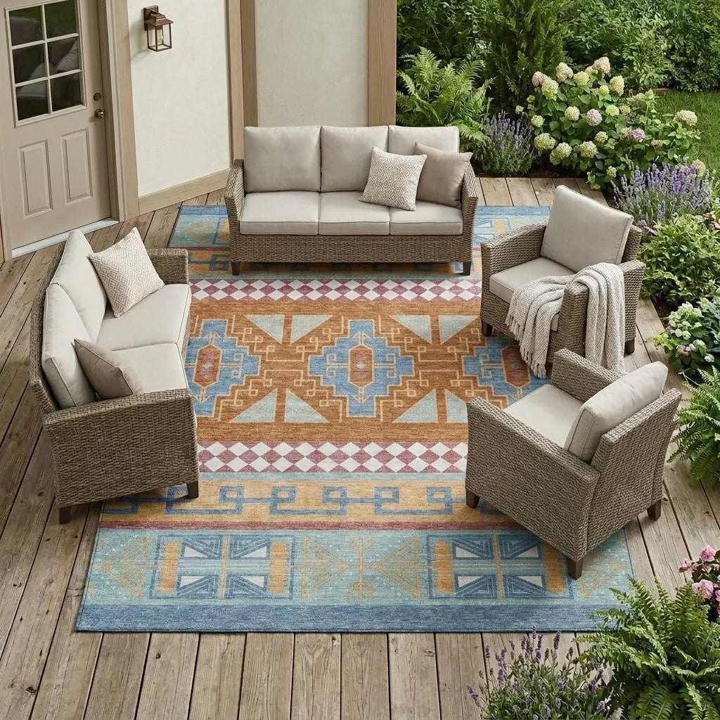 9' X 12' Blue And Aqua Tribal Washable Indoor Outdoor Area Rug Homeroots Outdoor