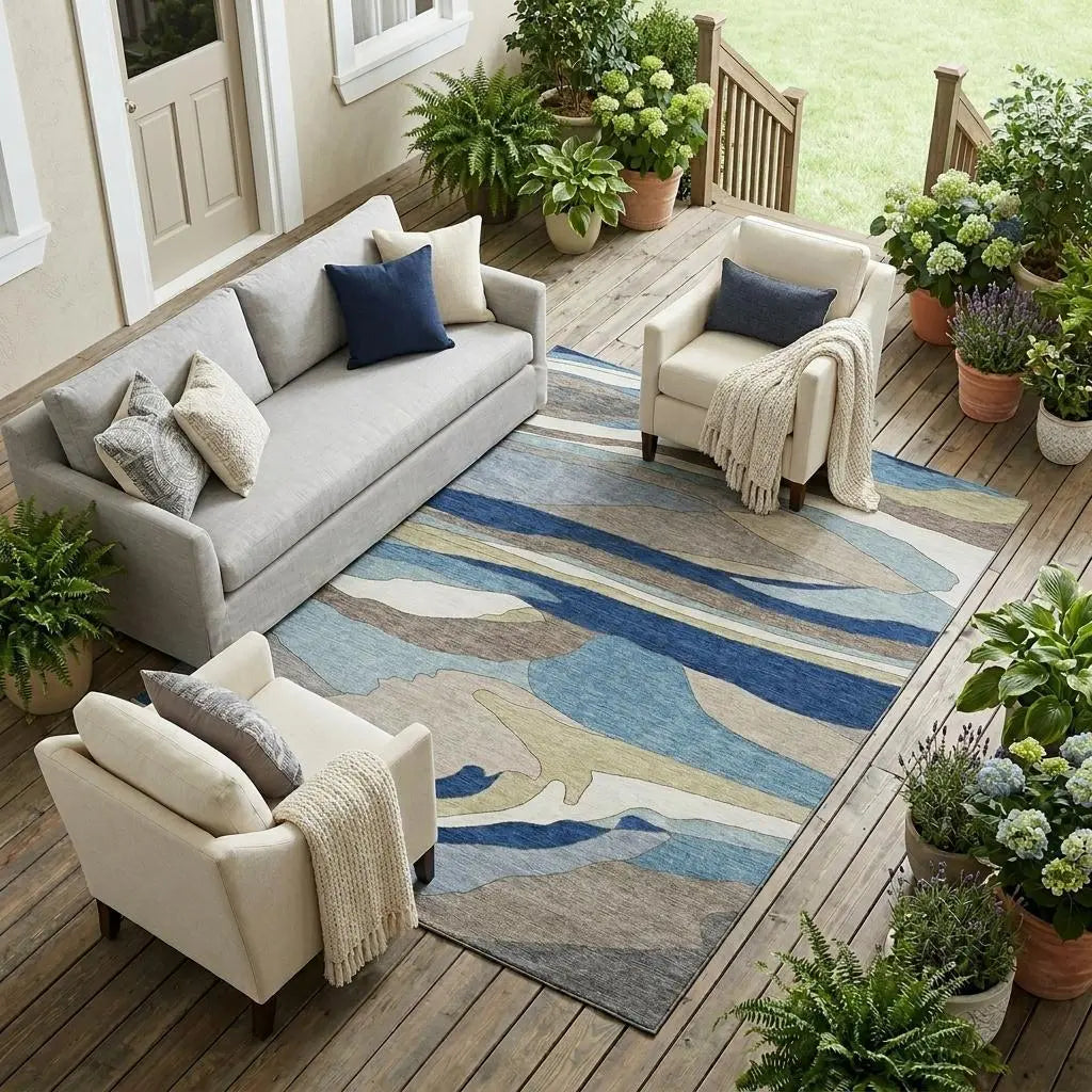9' X 12' Blue And Beige Abstract Washable Indoor Outdoor Area Rug Homeroots Outdoor