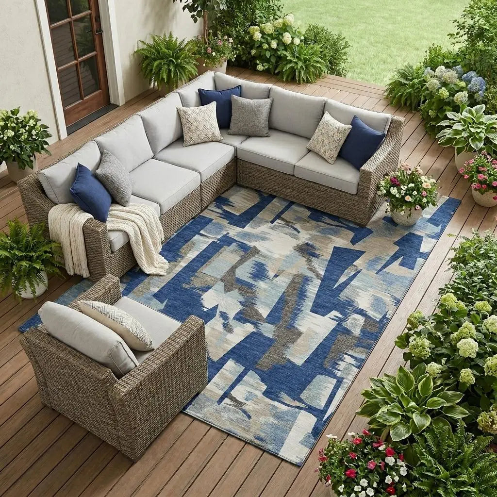 9' X 12' Blue And Beige Abstract Washable Indoor Outdoor Area Rug Homeroots Outdoor