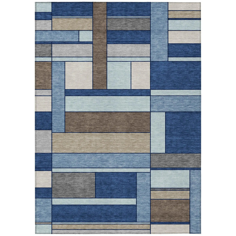 9' X 12' Blue And Chocolate Geometric Washable Indoor Outdoor Area Rug Homeroots Outdoor
