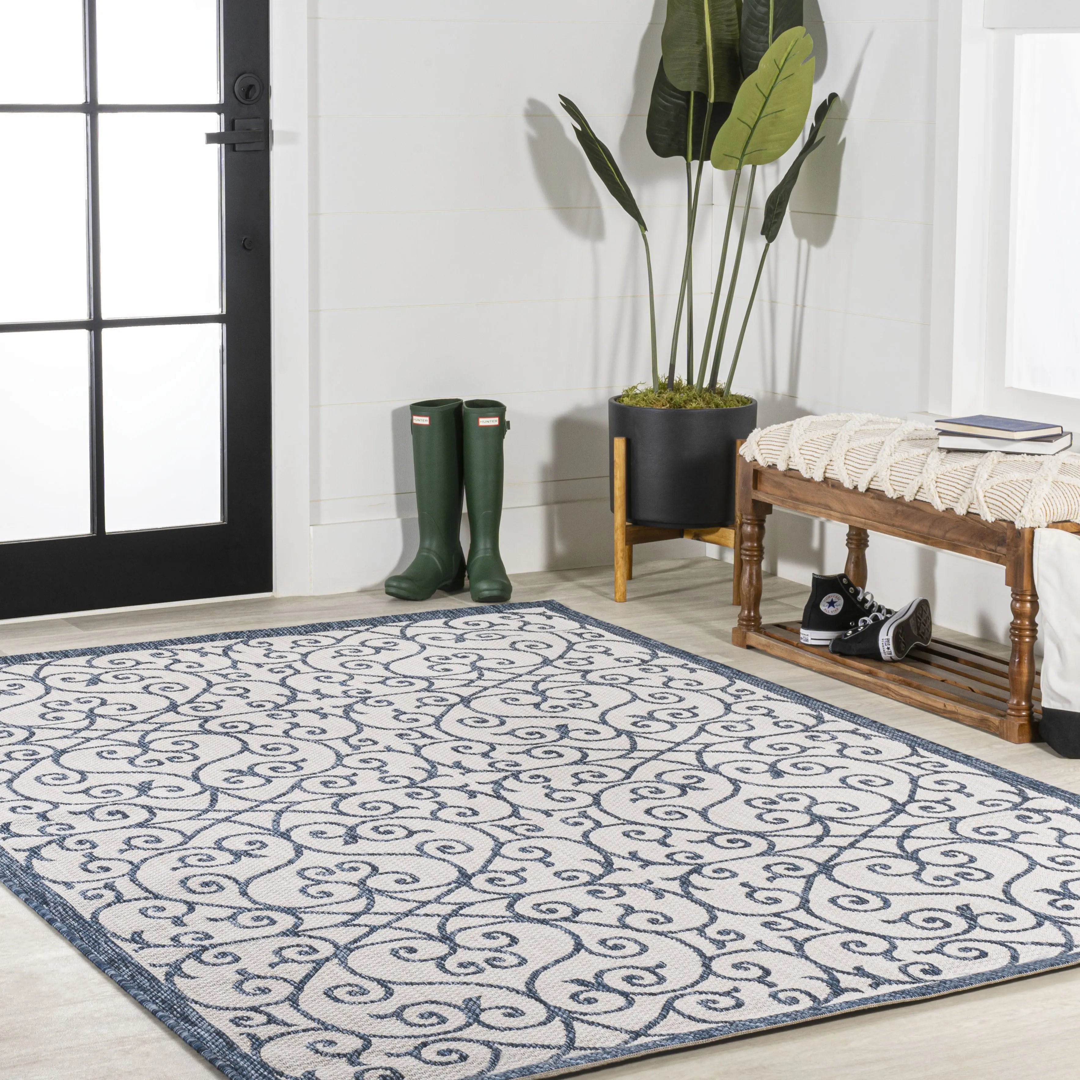 9' X 12' Blue And Cream Geometric Indoor Outdoor Area Rug Homeroots Outdoor