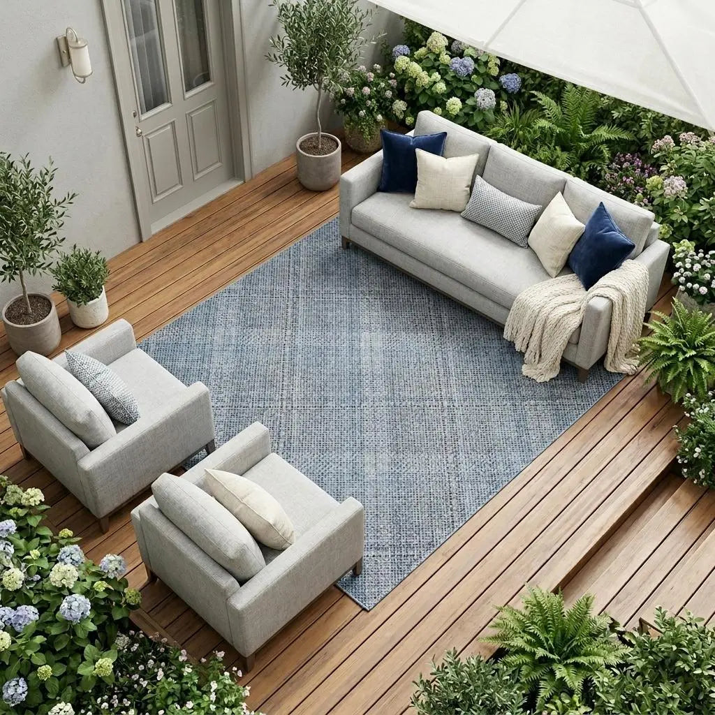 9' X 12' Blue And Denim Blue Plaid Washable Indoor Outdoor Area Rug Homeroots Outdoor