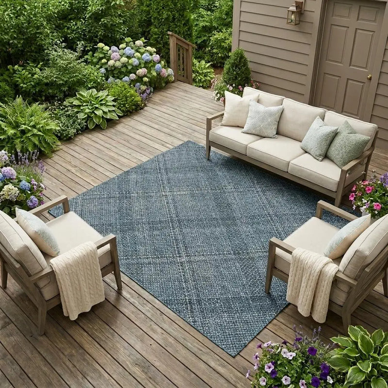9' X 12' Blue And Graphite Plaid Washable Indoor Outdoor Area Rug Homeroots Outdoor