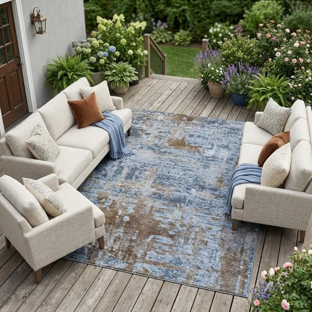 9' X 12' Blue And Gray Abstract Washable Indoor Outdoor Area Rug Homeroots Outdoor