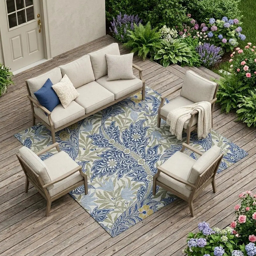 9' X 12' Blue And Gray Botanical Leaves Washable Indoor Outdoor Area Rug Homeroots Outdoor