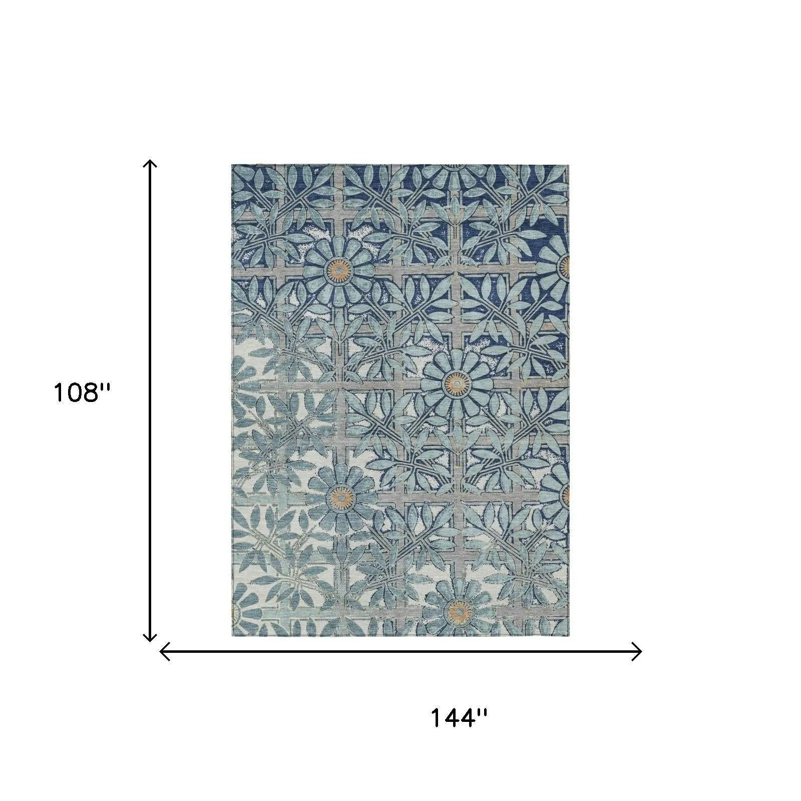 Handcrafted blue and beige floral pattern area rug, 108"x144", made of durable synthetic fibers. Perfect for modern decor.