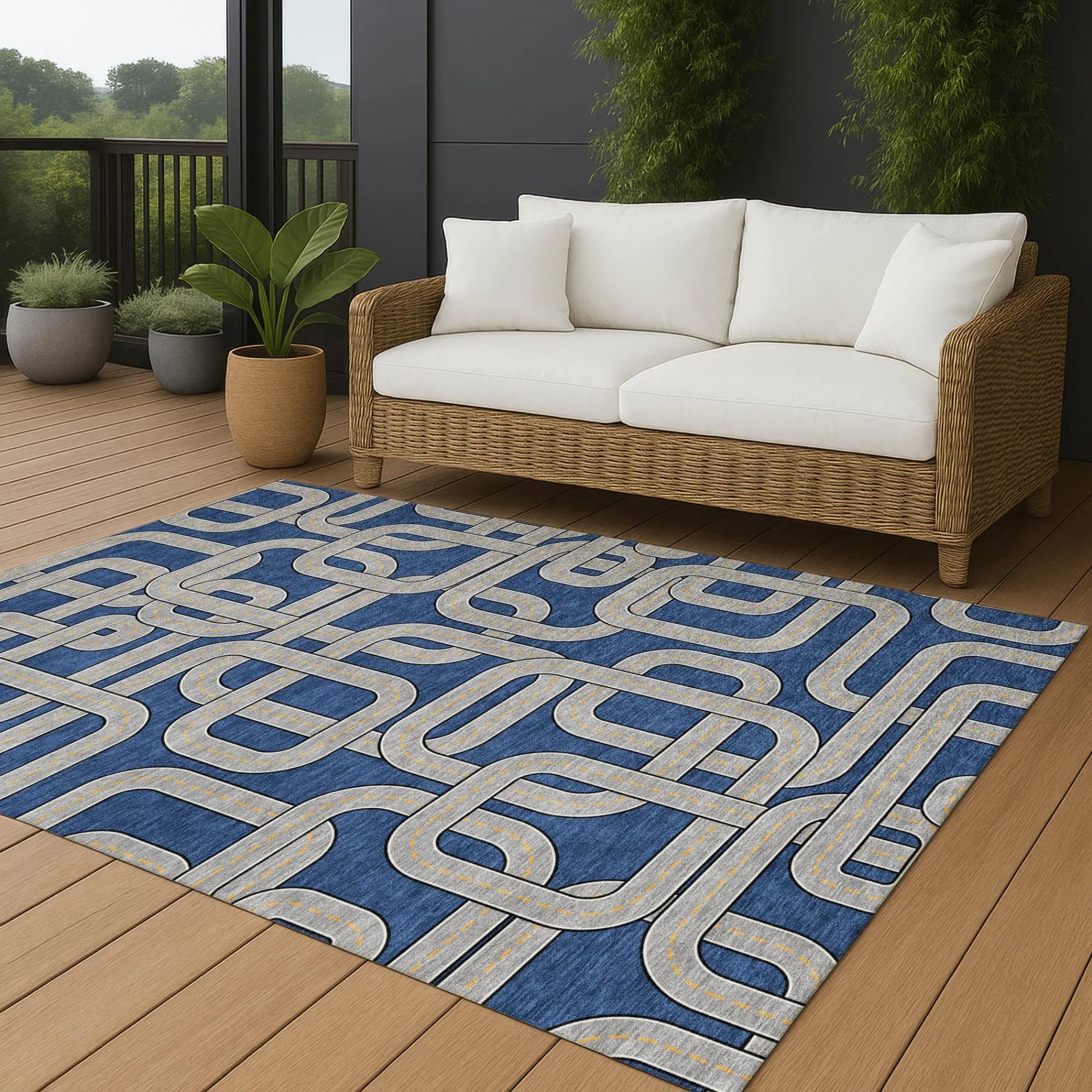 9' X 12' Blue And Gray Geometric Washable Indoor Outdoor Area Rug Homeroots Outdoor