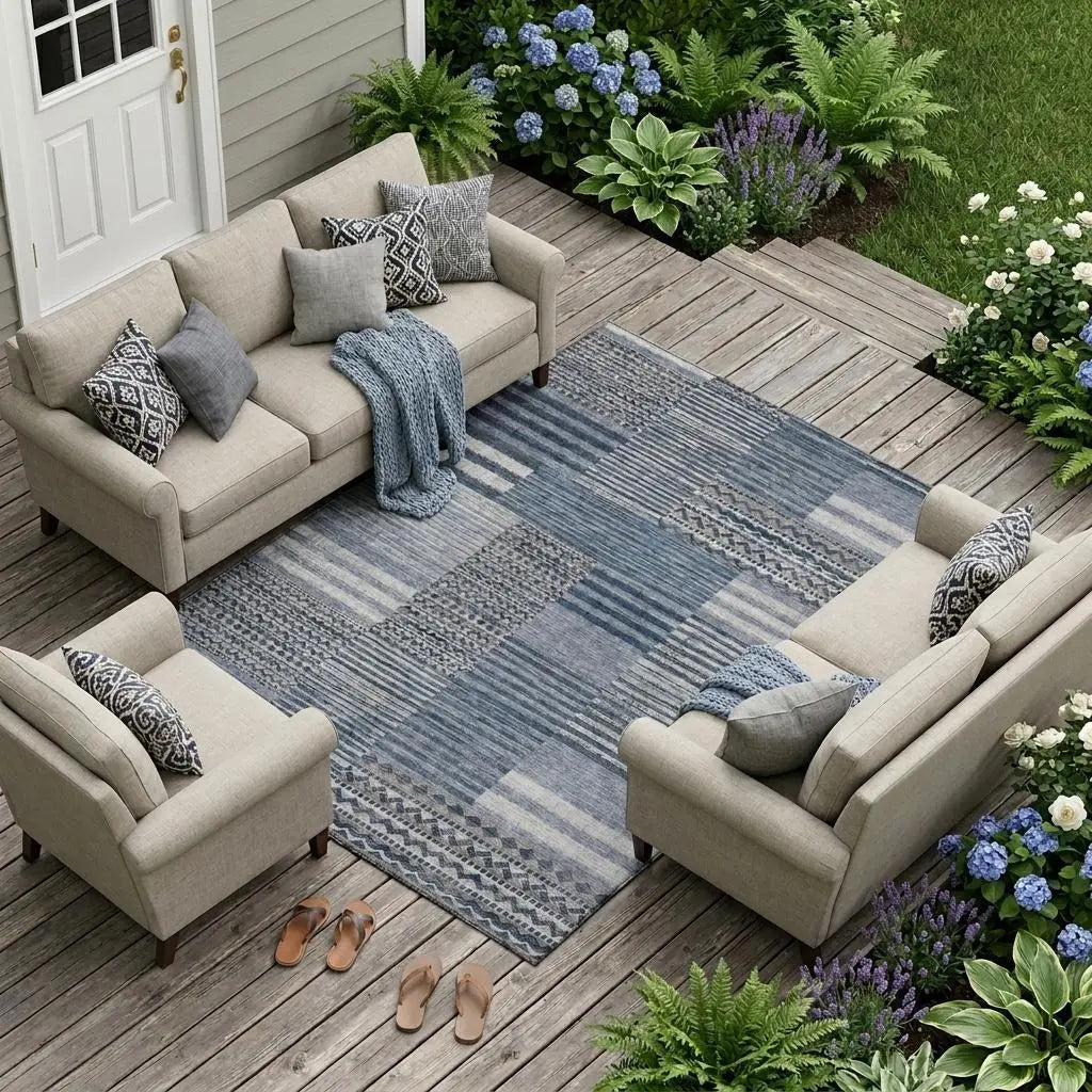 9' X 12' Blue And Gray Striped Washable Indoor Outdoor Area Rug Homeroots Outdoor