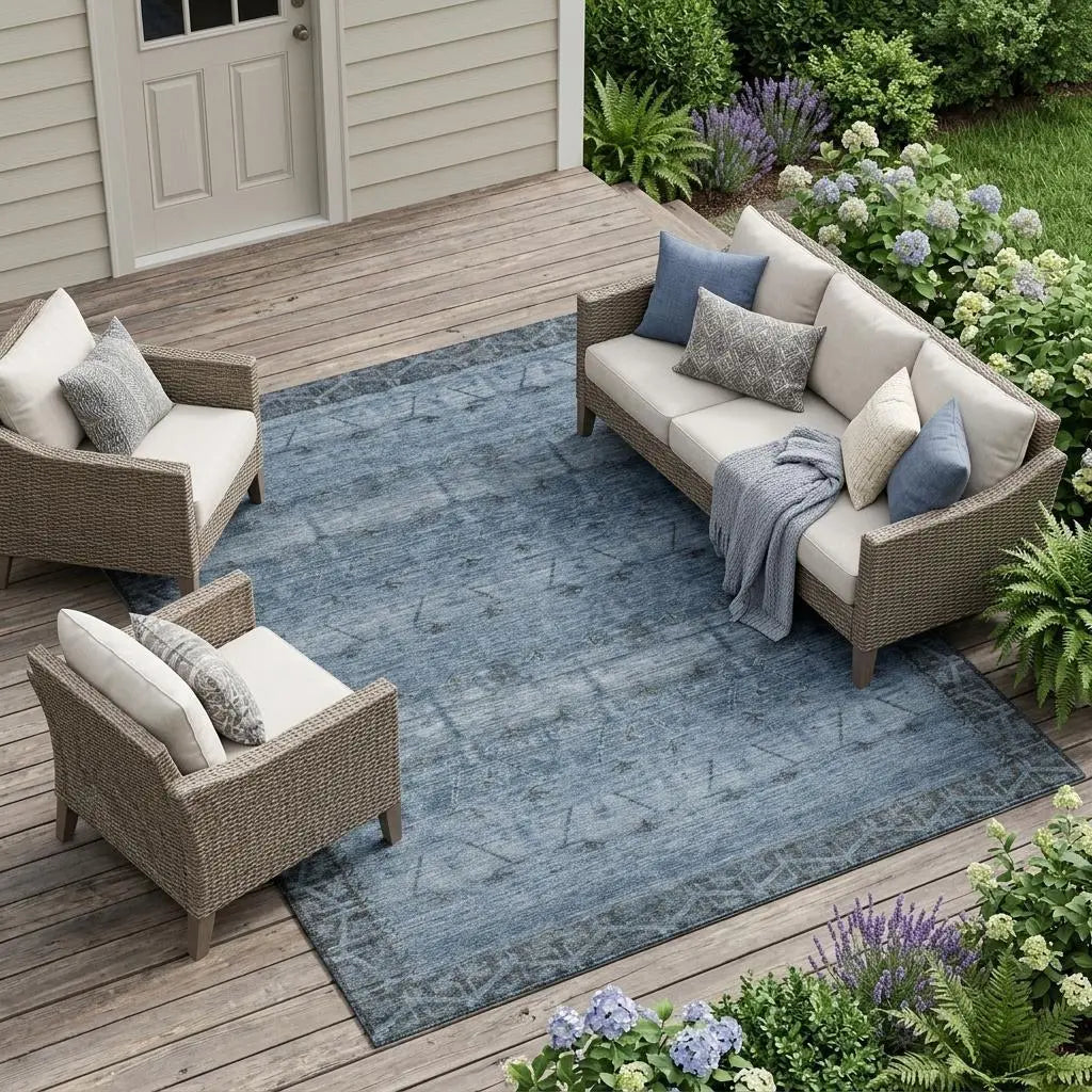 9' X 12' Blue And Gray Tribal Washable Indoor Outdoor Area Rug Homeroots Outdoor