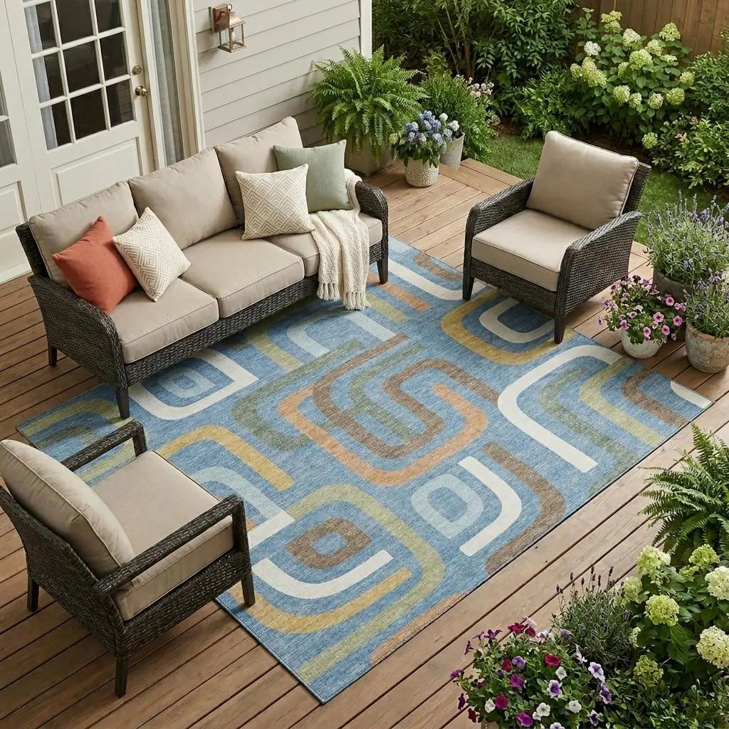 9' X 12' Blue And Green Geometric Washable Indoor Outdoor Area Rug Homeroots Outdoor