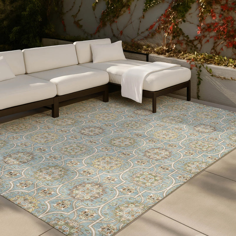 9' X 12' Blue And Ivory Floral Medallion Washable Indoor Outdoor Area Rug Homeroots Outdoor