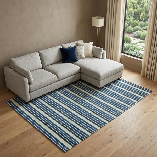 9' X 12' Blue And Ivory Wool Striped Hand Tufted Area Rug Homeroots Home Decor