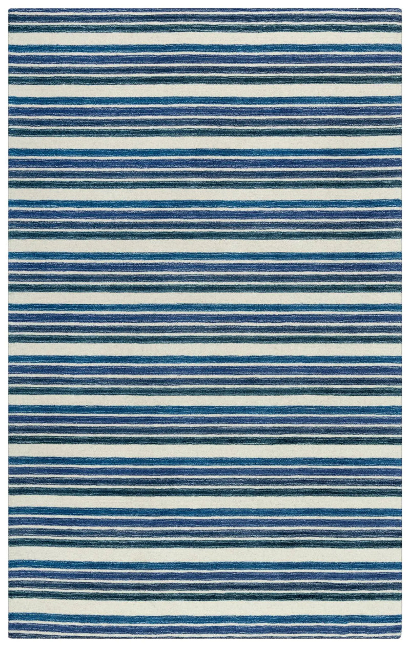 9' X 12' Blue And Ivory Wool Striped Hand Tufted Area Rug Homeroots Home Decor