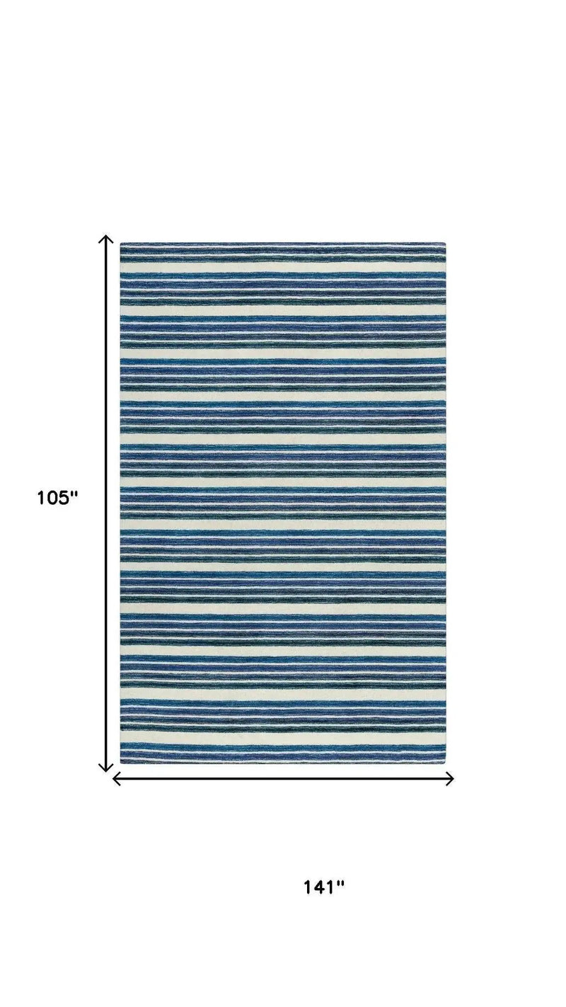 9' X 12' Blue And Ivory Wool Striped Hand Tufted Area Rug Homeroots Home Decor