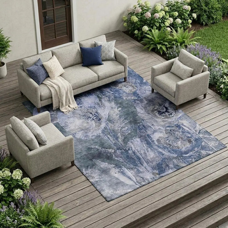 9' X 12' Blue And Lavender Floral Washable Indoor Outdoor Area Rug Homeroots Outdoor