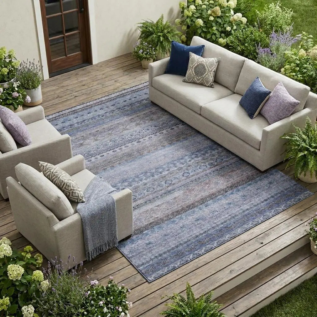 9' X 12' Blue And Lilac Striped Washable Indoor Outdoor Area Rug Homeroots Outdoor