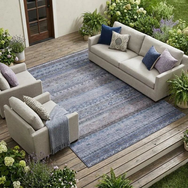 9' X 12' Blue And Lilac Striped Washable Indoor Outdoor Area Rug Homeroots Outdoor