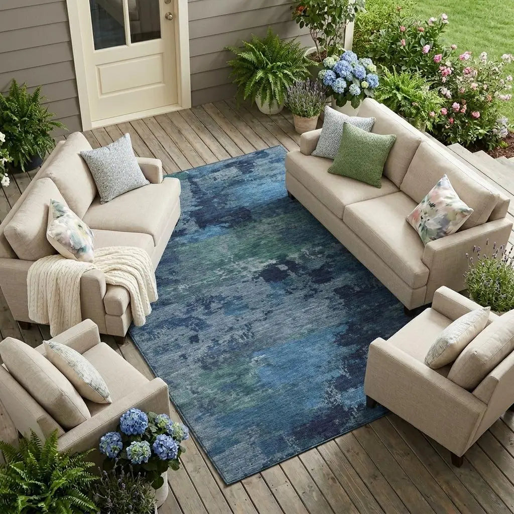 9' X 12' Blue And Navy Blue Abstract Washable Indoor Outdoor Area Rug Homeroots Outdoor