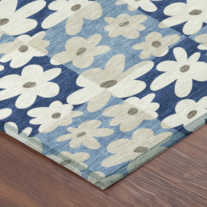 9' X 12' Blue And Navy Blue Floral Washable Indoor Outdoor Area Rug Homeroots Outdoor