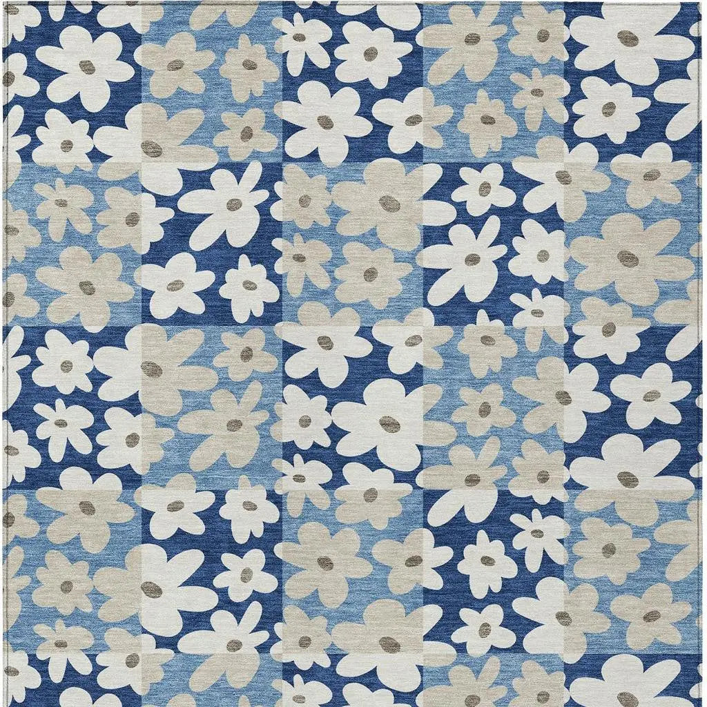 9' X 12' Blue And Navy Blue Floral Washable Indoor Outdoor Area Rug Homeroots Outdoor