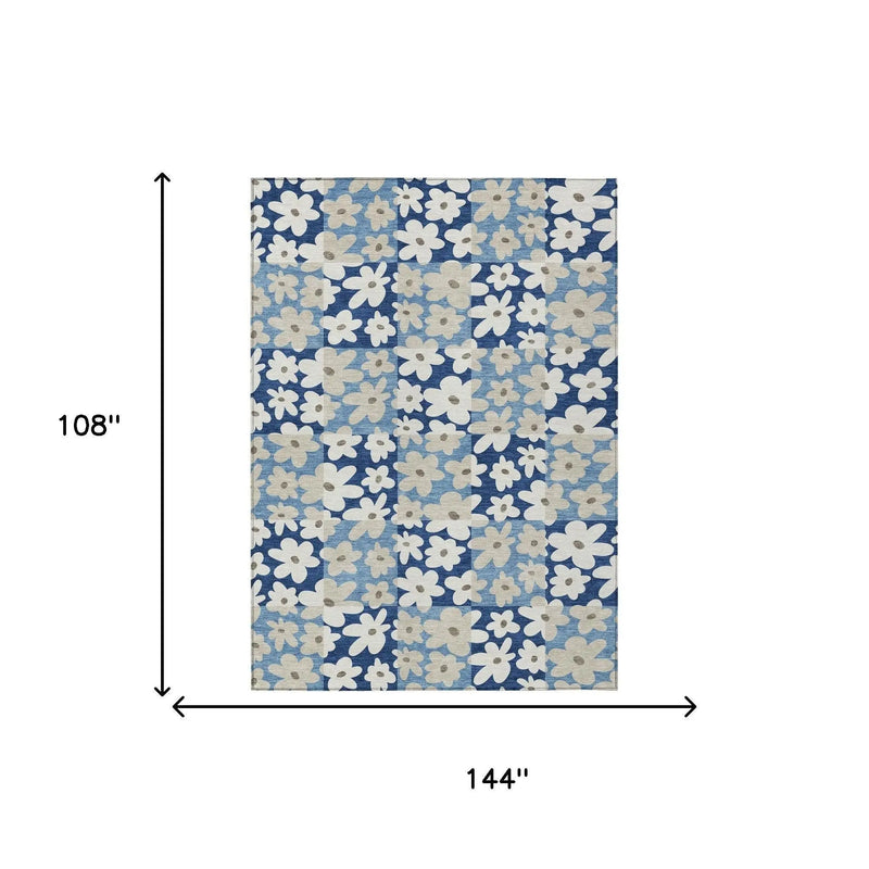 9' X 12' Blue And Navy Blue Floral Washable Indoor Outdoor Area Rug Homeroots Outdoor