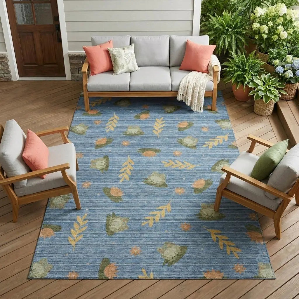 9' X 12' Blue And Olive Green Botanical Leaves Washable Indoor Outdoor Area Rug Homeroots Outdoor