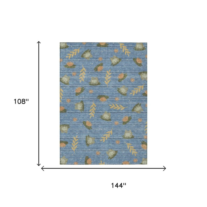 9' X 12' Blue And Olive Green Botanical Leaves Washable Indoor Outdoor Area Rug Homeroots Outdoor