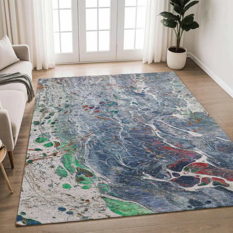 9' X 12' Blue And Pewter Abstract Washable Indoor Outdoor Area Rug Homeroots Outdoor