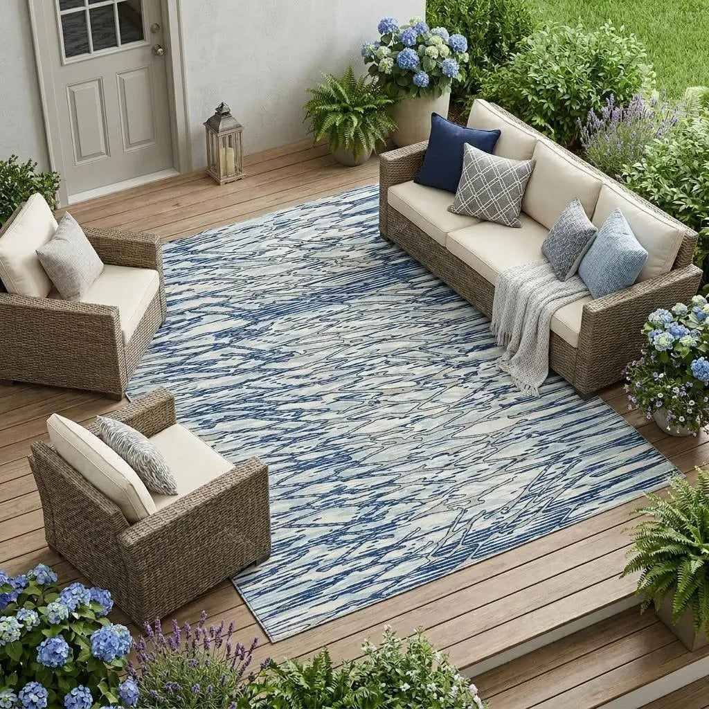 9' X 12' Blue And Silver Abstract Washable Indoor Outdoor Area Rug Homeroots Outdoor