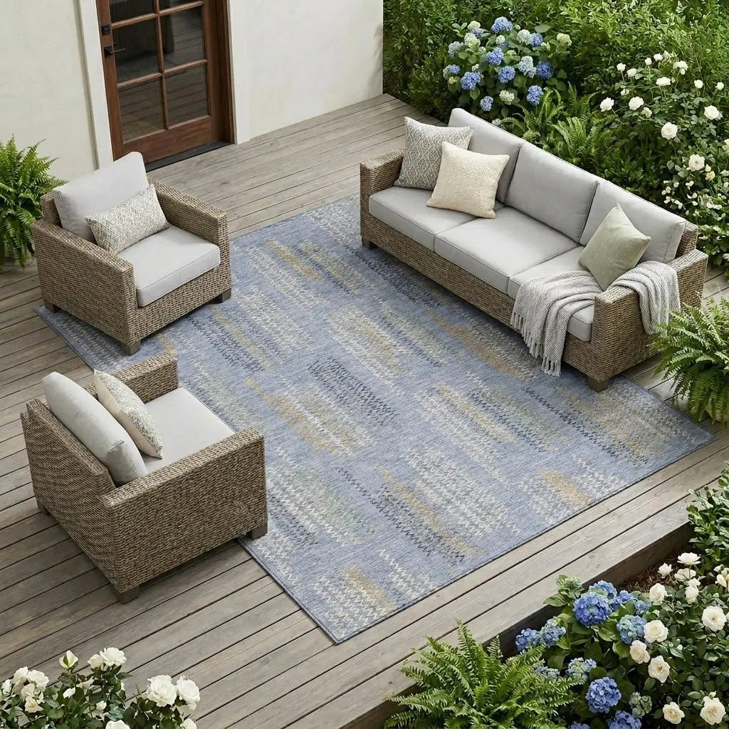 9' X 12' Blue And Silver Abstract Washable Indoor Outdoor Area Rug Homeroots Outdoor