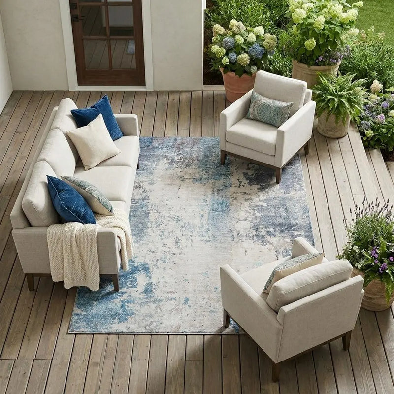 9' X 12' Blue And Silver Abstract Washable Indoor Outdoor Area Rug Homeroots Outdoor