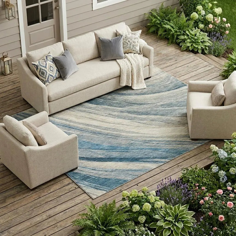 9' X 12' Blue And Silver Abstract Washable Indoor Outdoor Area Rug Homeroots Outdoor