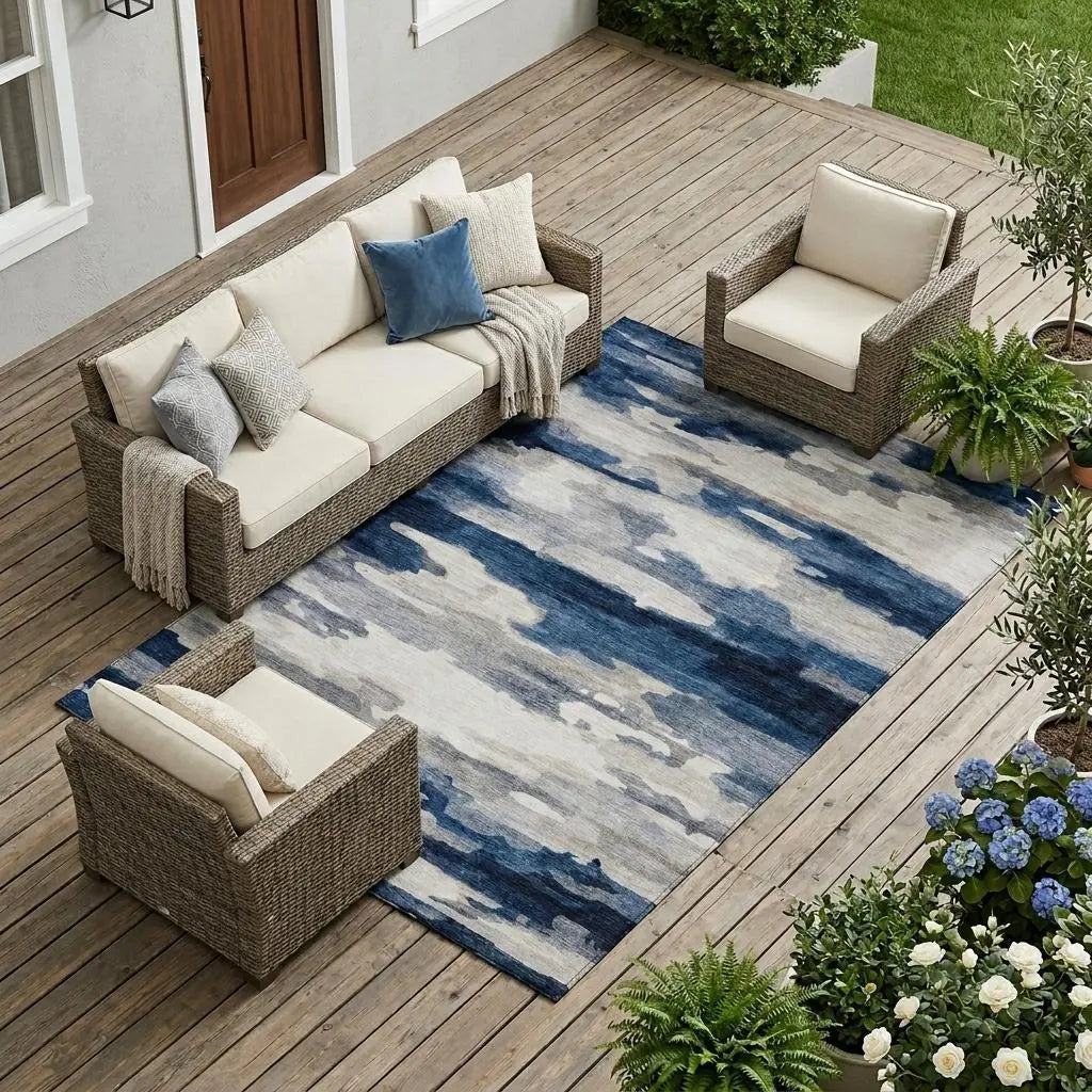 9' X 12' Blue And Silver Abstract Washable Indoor Outdoor Area Rug Homeroots Outdoor