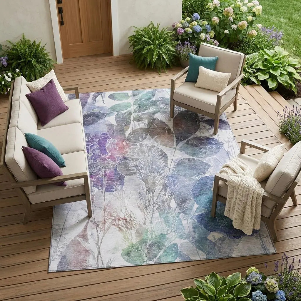 9' X 12' Blue And Silver Botanical Leaves Washable Indoor Outdoor Area Rug Homeroots Outdoor