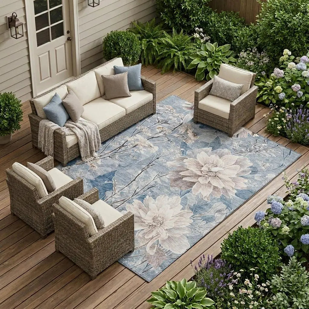 9' X 12' Blue And Silver Floral Washable Indoor Outdoor Area Rug Homeroots Outdoor
