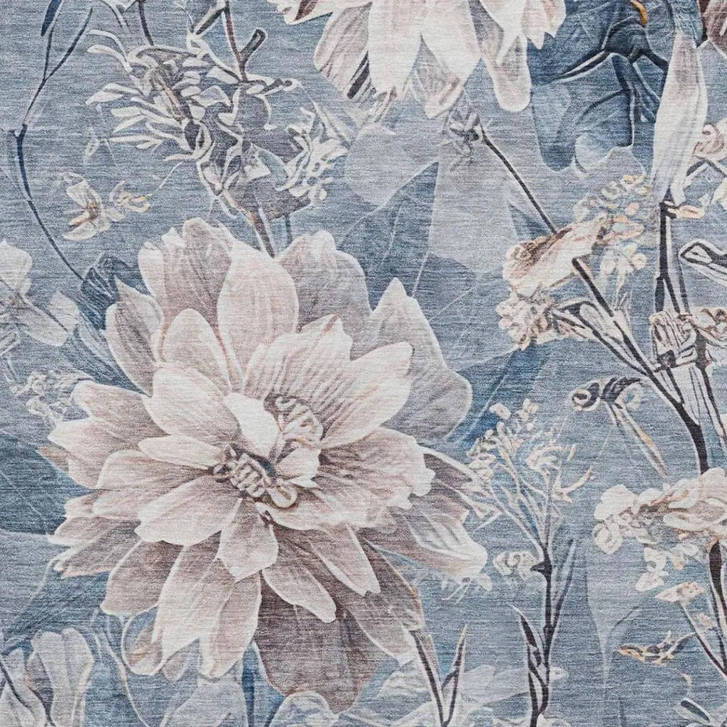 9' X 12' Blue And Silver Floral Washable Indoor Outdoor Area Rug Homeroots Outdoor