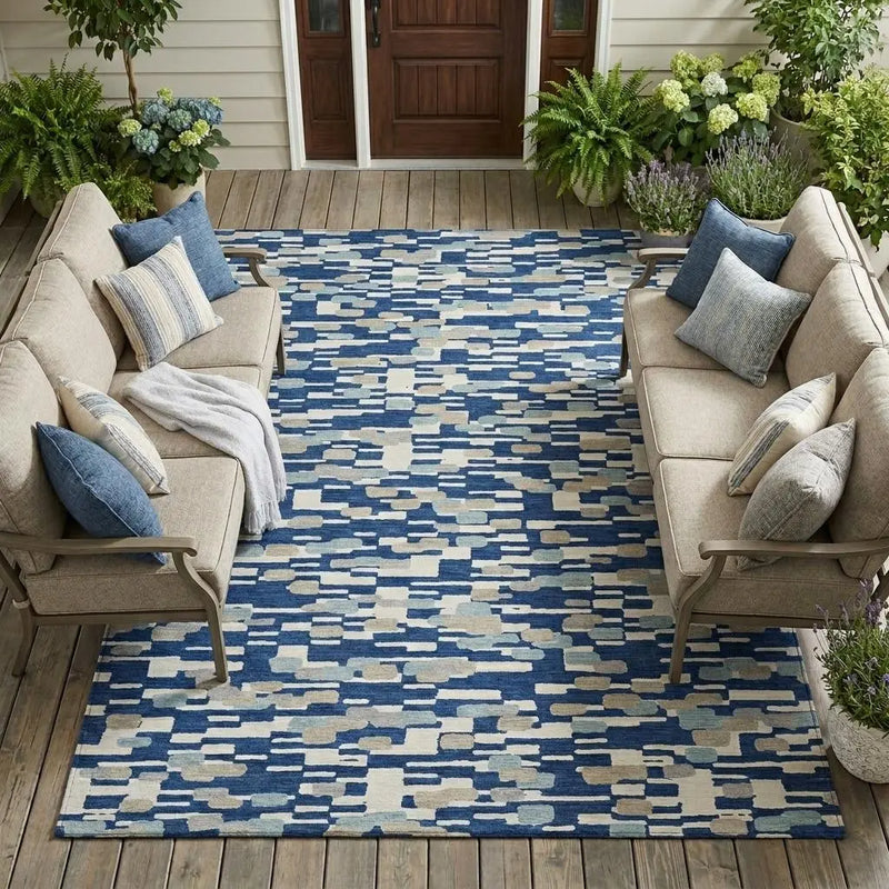 9' X 12' Blue And Silver Geometric Washable Indoor Outdoor Area Rug Homeroots Outdoor