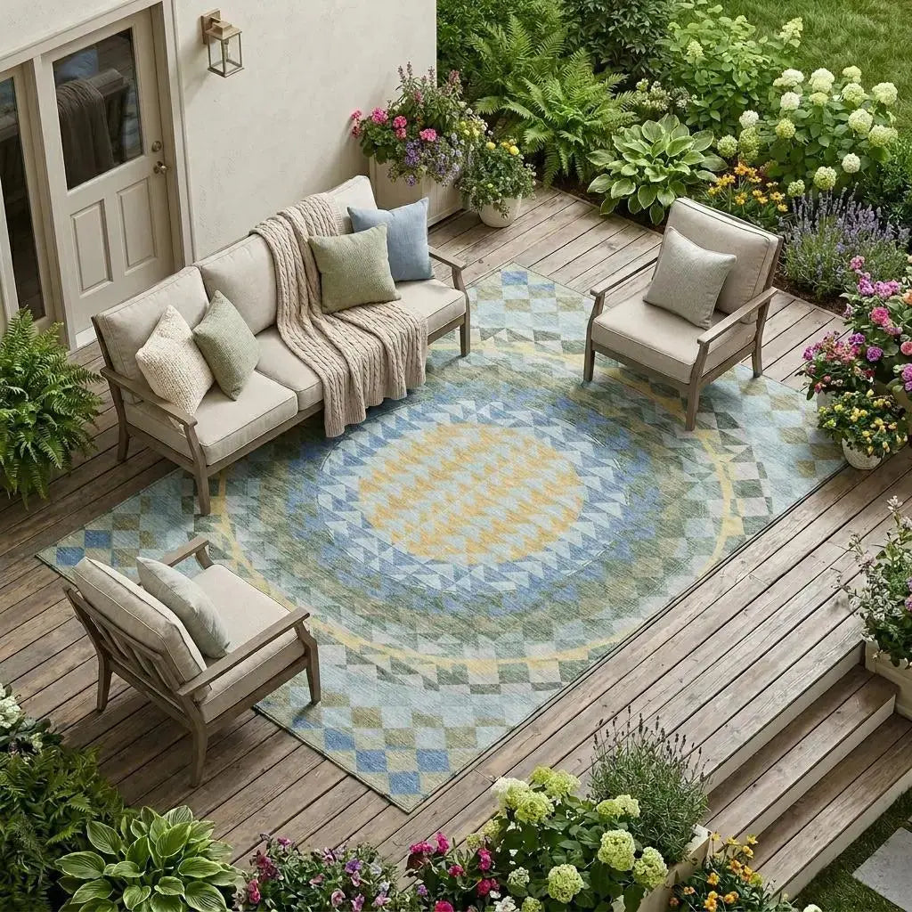 9' X 12' Blue And Silver Geometric Washable Indoor Outdoor Area Rug Homeroots Outdoor