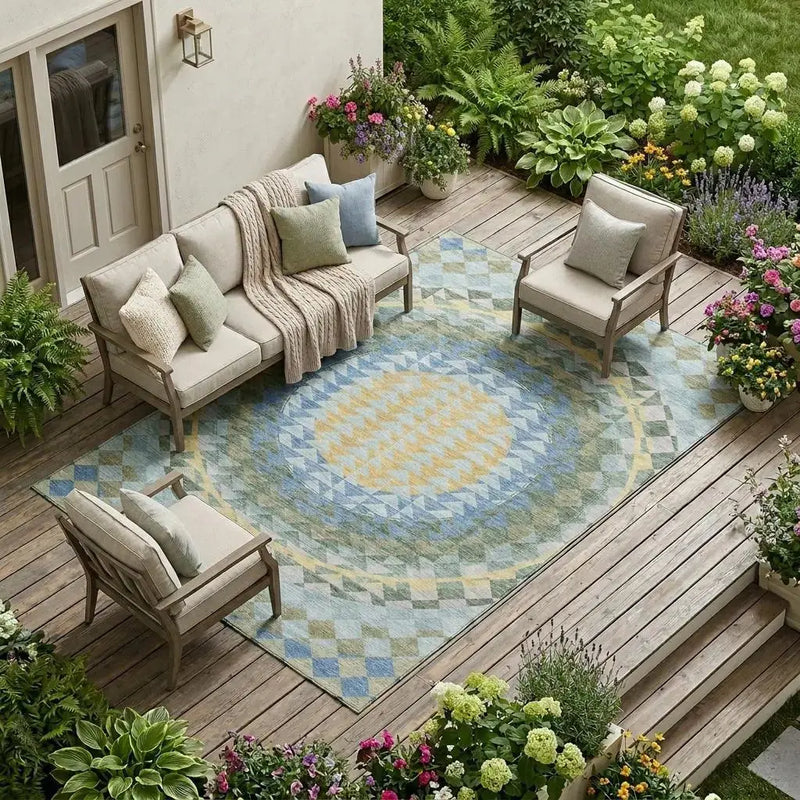 9' X 12' Blue And Silver Geometric Washable Indoor Outdoor Area Rug Homeroots Outdoor