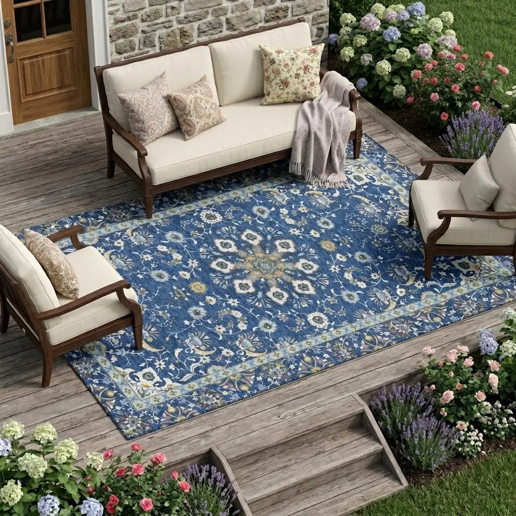 9' X 12' Blue And Silver Oriental Washable Indoor Outdoor Area Rug Homeroots Outdoor