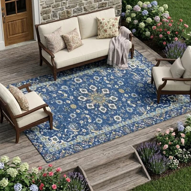 9' X 12' Blue And Silver Oriental Washable Indoor Outdoor Area Rug Homeroots Outdoor