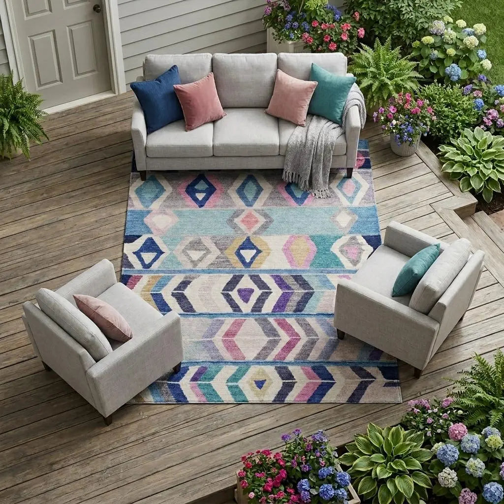 9' X 12' Blue And Silver Tribal Washable Indoor Outdoor Area Rug Homeroots Outdoor