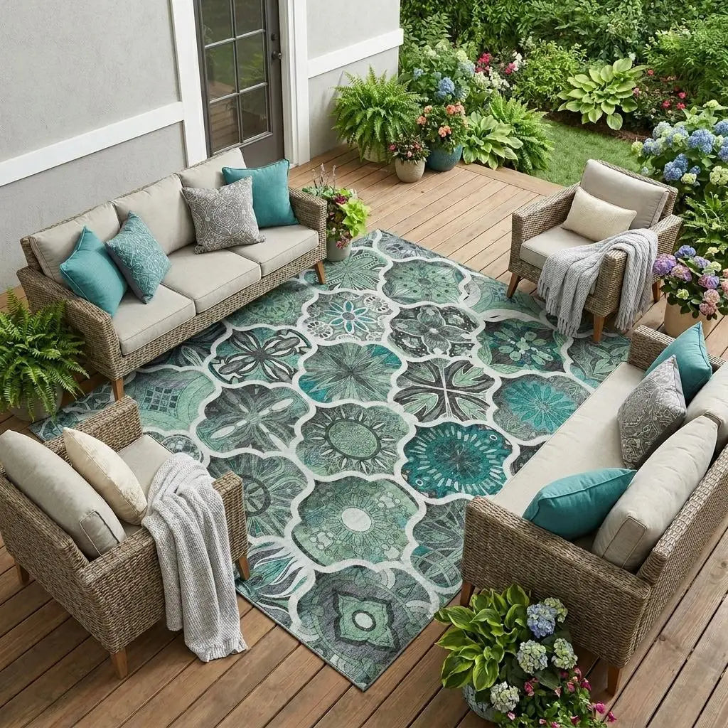 9' X 12' Blue And Teal Blue Ogee Washable Indoor Outdoor Area Rug Homeroots Outdoor