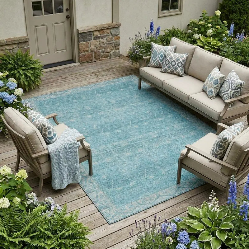 9' X 12' Blue And Teal Blue Tribal Washable Indoor Outdoor Area Rug Homeroots Outdoor